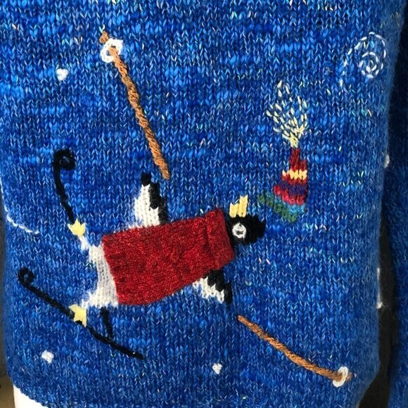 Embroidered Skiing Penguins & Snowflakes Holiday Wool Sweater - Picture 10 of 14